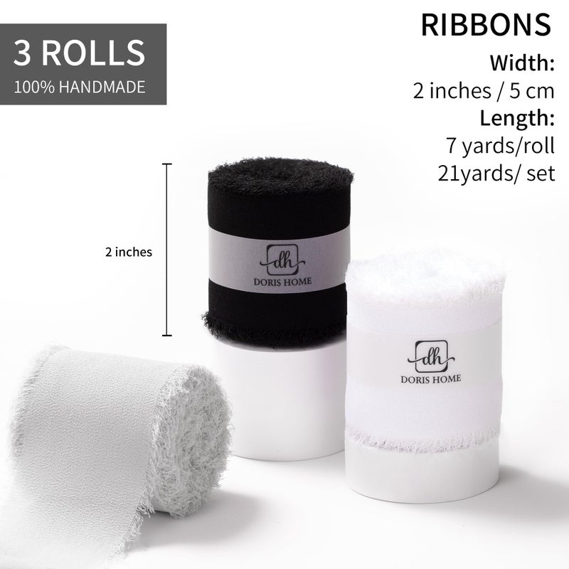 DORIS HOME 2" x21Yd Chiffon Ribbon for Flower Bouquet, Black & White Fabric Ribbon for Gift Wrapping, Handmade Frayed Ribbon for Wedding Christmas Decorations - Image 3